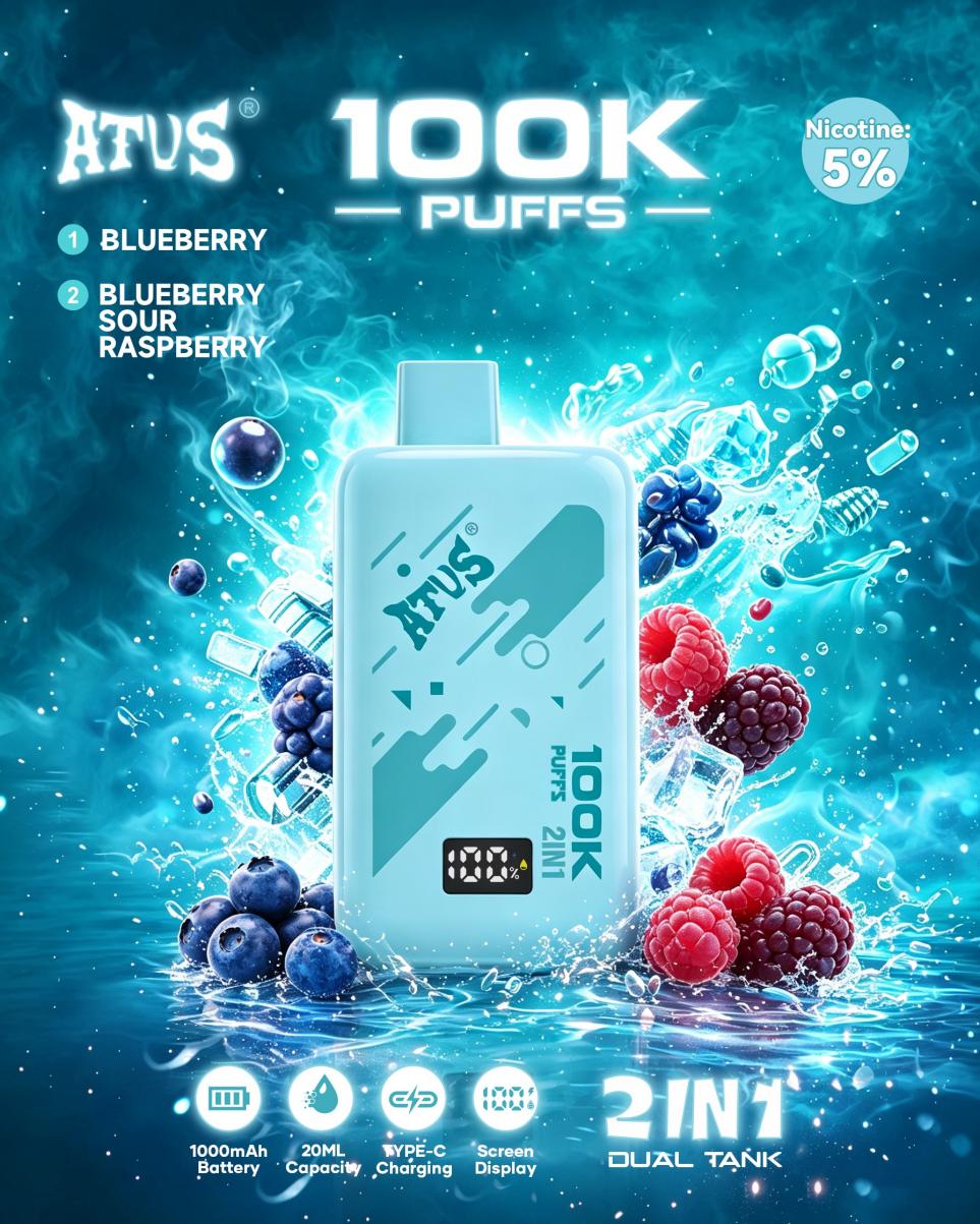 ATUS 100K Blueberry dual-tank disposable vape