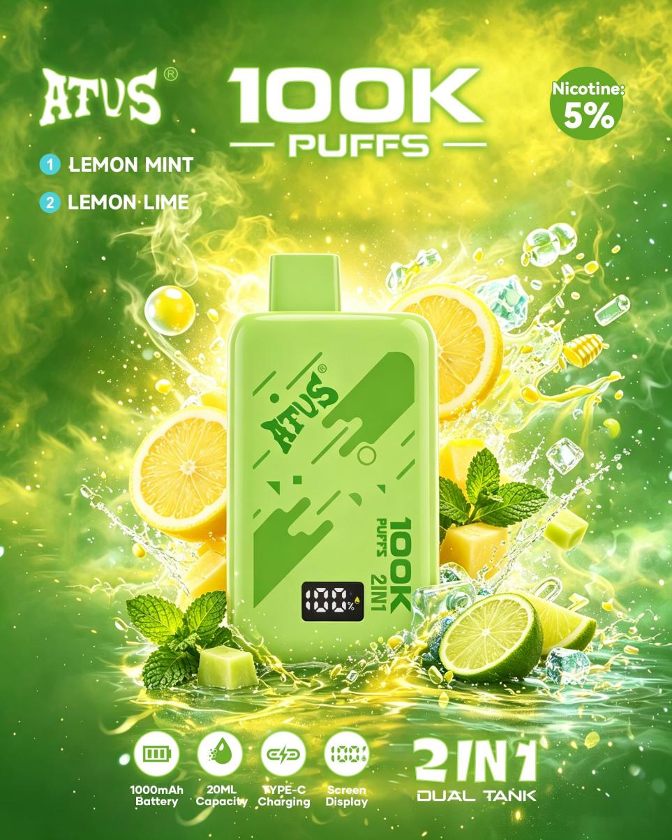 ATUS 100K Lemon Mint dual-tank disposable vape