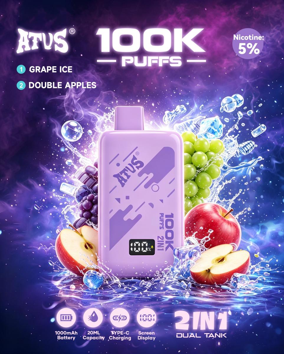 ATUS 100K Grape Ice dual-tank disposable vape