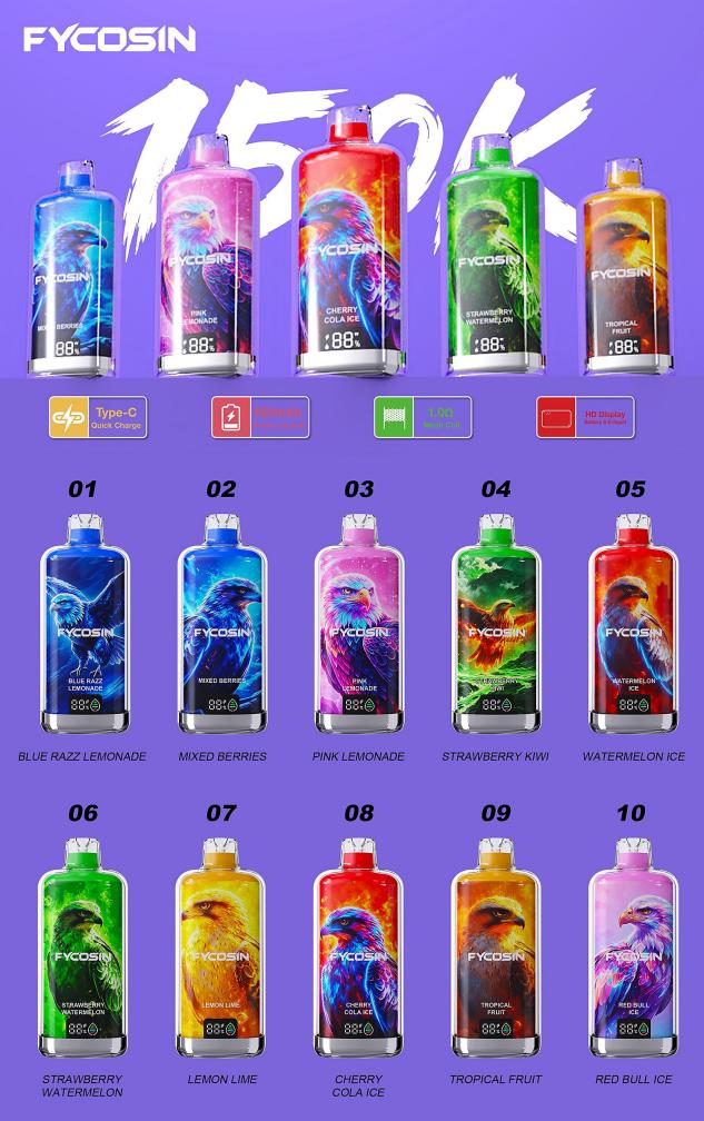 FYCOSIN 150000 150K puffs device with mesh coil and HD display across ten flavour skins
